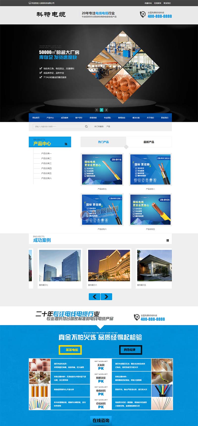营销型铝合金电缆类网站织梦模板 蓝色电线电缆网站源码