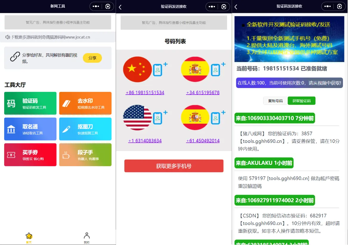 亲测|流量主系列|全球手机验证码发放+短视频去水印等组合微信小程序源码下载