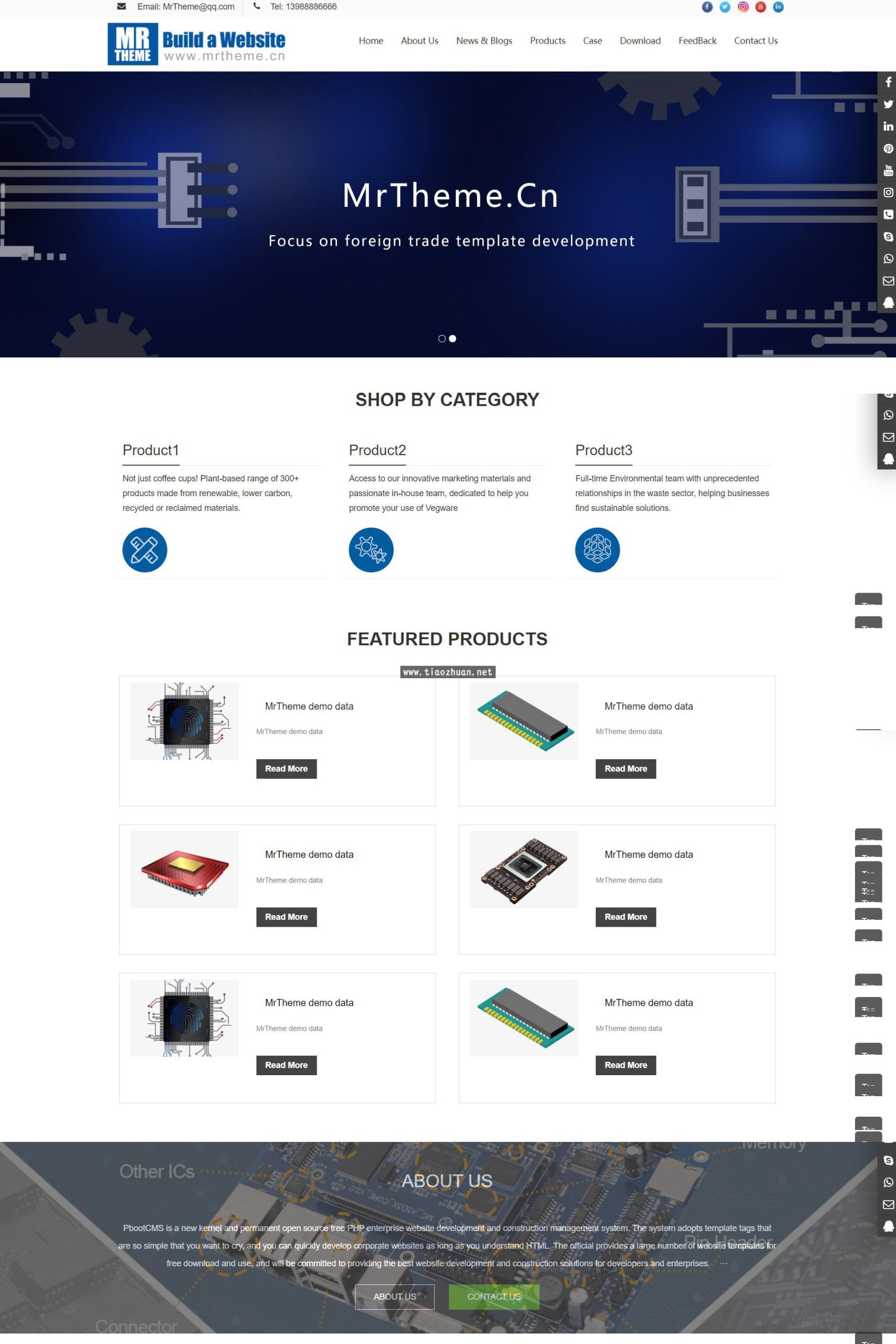 纯英文电子元件pbootcms网站模板，科技五金类网站源码下载